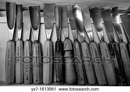 Stock Image - Wood carving chisels in a artisan workshop close to Fiskebel harbour, Austv? goy island, the northeasternmost of the larger islands in the Lofoten archipelago in Nordland county, Norway, Europe. Fotosearch