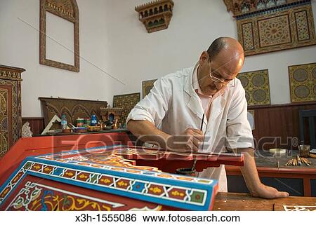 Stock Photograph - wood painting, Dar Sanaa, Arts and Crafts school Tetouan, Rif mountains, Morocco. Fotosearch