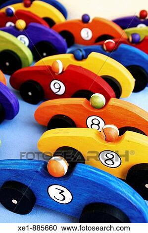 Stock Image - Wooden cars, toys at medieval fair. Sabadell, Barcelona province, Catalonia, Spain. Fotosearch