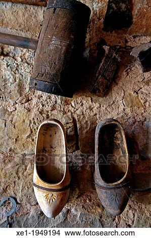 Picture - wooden shoes, clogs, farmhouse, Florejacs, Catalonia, Spain.. Fotosearch