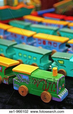 Stock Image - Wooden trains, toys. Toy Fair? 09, Tona, Catalonia, Spain. Fotosearch
