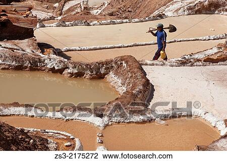 Worker in the salt flats on terraces at Salinas in the village of Maras, Salinas, Cuzco, Peru, South America. View Large Photo Image Stock Image - Worker in the salt flats on terraces at Salinas in the village of Maras, Salinas, Cuzco, Peru, South America.. Fotosearch