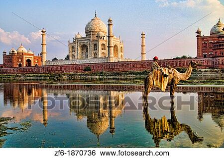 World famous Taj Mahal temple burial site at sunset with young boy on camel from Yamuna River with reflection in town of Agra India View Large Photo Image Stock Photograph - World famous Taj Mahal temple burial site at sunset with young boy on camel from Yamuna River with reflection in town of Agra India. Fotosearch