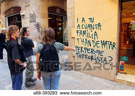 Stock Image - Writing about terrorism in street. Barcelona. Spanin. Fotosearch