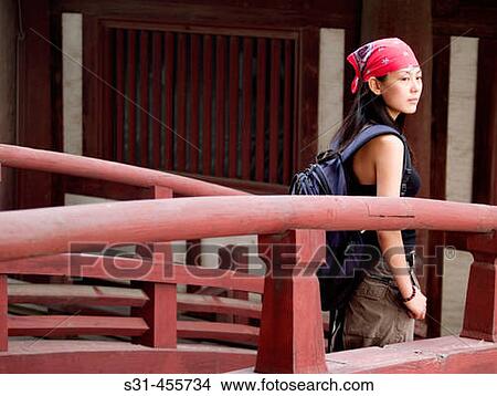 Young asian (Chinese) female walking on a bridge of an ancient temple in Zhengding. Hebei, China View Large Photo Image Picture - Young asian (Chinese) female walking on a bridge of an ancient temple in Zhengding. Hebei, China. Fotosearch
