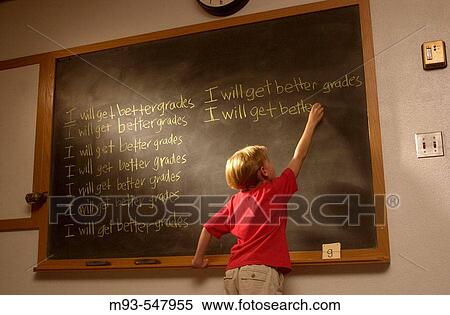 Young blond boy; red t-shirt; at wood-framed classroom blackboard writing? I will get better grades? multiple times. Light highlighting blackboard and boy's head/hand View Large Photo Image Stock Photography - Young blond boy; red t-shirt; at wood-framed classroom blackboard writing? I will get better grades? multiple times. Light highlighting blackboard and boy's head/hand. Fotosearch
