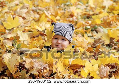 Stock Image - Young boy covered with autumn leaves.. Fotosearch