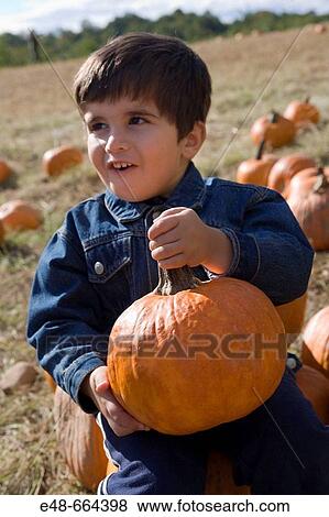 Stock Photo - Young boy holding pumpkin in pumpkin patch. Fotosearch