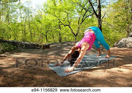 Stock Photo - Young brunette woman doing yoga poses in a forest setting in the springtime.. Fotosearch