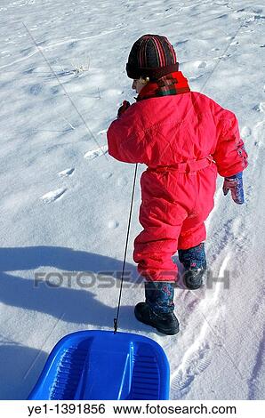 Young girl towing a sled along in the snow View Large Photo Image Stock Photograph - Young girl towing a sled along in the snow. Fotosearch