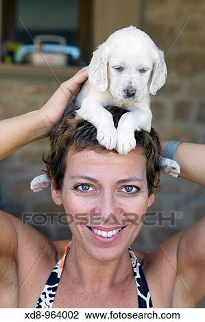 young girl with a dog puppy of the English Setter breed View Large Photo Image Stock Image - young girl with a dog puppy of the English Setter breed. Fotosearch