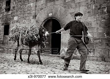 Stock Photo - Young man dragging donkey Navarra Spain. Fotosearch