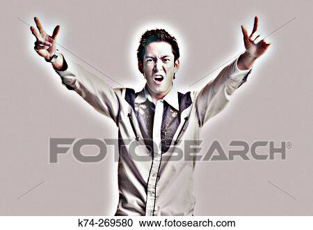 Stock Image - Young Man In Cowboy Shirt Gesturing To Camera. Fotosearch