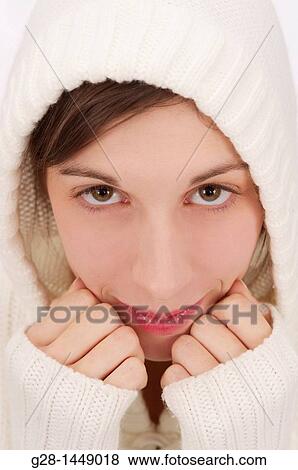 Young smiling woman in white woolen hood on her head View Large Photo Image Stock Photo - Young smiling woman in white woolen hood on her head. Fotosearch