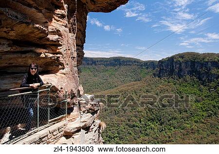 Young woman at Echo Point, Three Sisters, Blue Mountains. Australia, New South Wales, Blue Mountains, Prince Henry Cliff Track, Echo Point, Three Sisters. Model Released. View Large Photo Image Stock Image - Young woman at Echo Point, Three Sisters, Blue Mountains. Australia, New South Wales, Blue Mountains, Prince Henry Cliff Track, Echo Point, Three Sisters. Model Released.. Fotosearch