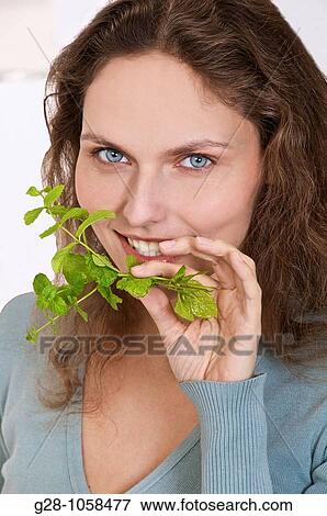 young woman breathing a sprig of fresh mint View Large Photo Image Stock Photo - young woman breathing a sprig of fresh mint. Fotosearch