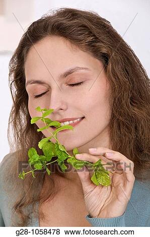 young woman breathing a sprig of fresh mint View Large Photo Image Stock Photo - young woman breathing a sprig of fresh mint. Fotosearch