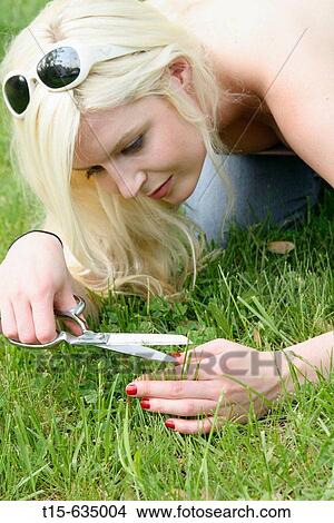 Young woman cutting grass like a hair dresser cutting hair using a pair of scissors, funny, humor View Large Photo Image Picture - Young woman cutting grass like a hair dresser cutting hair using a pair of scissors, funny, humor. Fotosearch
