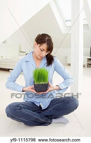 Young woman holding a pot plant. View Large Photo Image Stock Photo - Young woman holding a pot plant.. Fotosearch