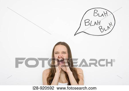 Stock Image - Young Woman Scream Word bubble. Fotosearch