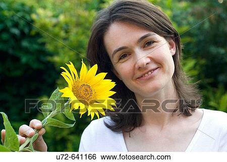 Young Woman Smiling and Holding a Sunflower View Large Photo Image Stock Photograph - Young Woman Smiling and Holding a Sunflower. Fotosearch
