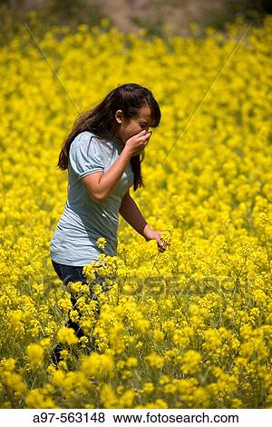 Stock Photo - Young woman sneezing in a field of yellow flowers.. Fotosearch