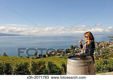 Stock Image - young woman tasting wine from Daley Estate in the Vineyard terraces of Lavaux on the bank of Leman Lake, around Lausanne, Canton of Vaud, Switzerland, Europe.. Fotosearch