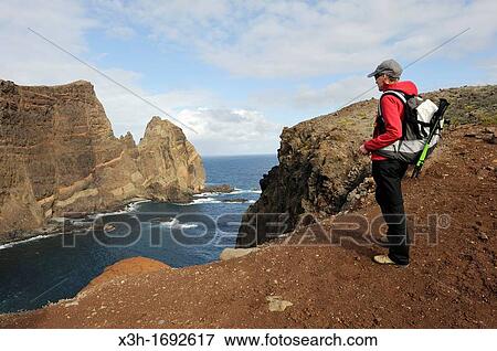 young woman walking on Cevada islet, Sao Lourenco peninsula, Madeira island, Atlantic Ocean, Portugal View Large Photo Image Stock Photo - young woman walking on Cevada islet, Sao Lourenco peninsula, Madeira island, Atlantic Ocean, Portugal. Fotosearch