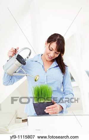 Stock Photo - Young woman watering plant.. Fotosearch