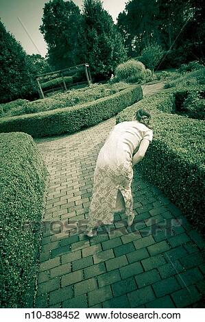 Young woman, wearing a gown, standing in a garden at a park. View Large Photo Image Stock Image - Young woman, wearing a gown, standing in a garden at a park.. Fotosearch