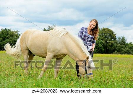Young woman with a Icelandic horse on a meadow, Germany. View Large Photo Image Stock Image - Young woman with a Icelandic horse on a meadow, Germany.. Fotosearch