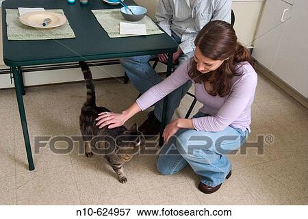 Young woman, with her boyfriend sitting behind her, petting her cat. View Large Photo Image Stock Photo - Young woman, with her boyfriend sitting behind her, petting her cat.. Fotosearch