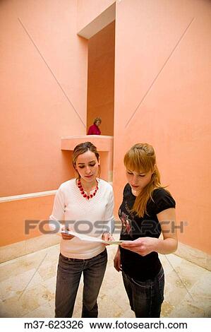 Young women in art gallery, looking at plan View Large Photo Image Stock Photograph - Young women in art gallery, looking at plan. Fotosearch