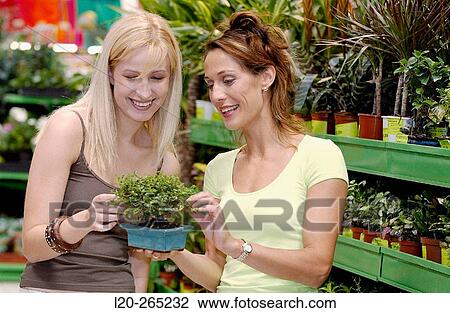 Stock Image - Young women looking for house plants at shopping center. Fotosearch