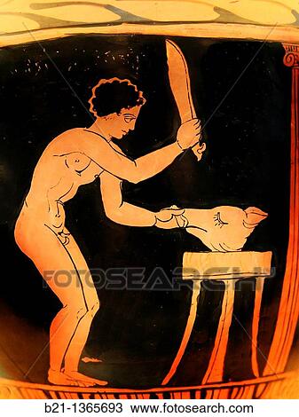 Youth preparing a pig's head after the sacrifice, bell-krater by the Tarporley Painter (ca. 360-340 BC), National Archaeological Museum of Spain View Large Photo Image Stock Image - Youth preparing a pig's head after the sacrifice, bell-krater by the Tarporley Painter (ca. 360-340 BC), National Archaeological Museum of Spain. Fotosearch