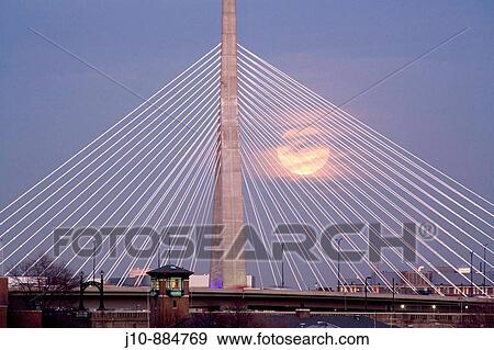 Zakim Bridge with full moon rise, Boston, Massachusetts, USA View Large Photo Image Stock Photo - Zakim Bridge with full moon rise, Boston, Massachusetts, USA. Fotosearch