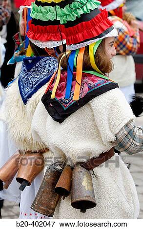 Stock Photo - Zanpanzar, Joaldunak and Txuntxurros. Replica of Ituren and Zubieta carnivals. Navarra. Spain.. Fotosearch