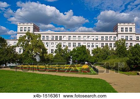 Stock Image - Zizkovo namesti square with College of Applied Arts Vysoka umeleckoprumyslova skola Functionalist-style building from 1921 in Zizkov district Prague Czech Republic Europe. Fotosearch