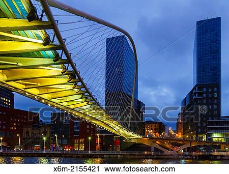 Stock Image - Zubizuri or Calatrava bridge and Isozaki Towers. Bilbao, Spain, Europe.. Fotosearch
