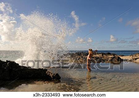 Stock Image - blowhole, beach at Pointe des Chateaux, Grande-Terre, Guadeloupe, overseas region of France, Leewards Islands, Lesser Antilles, Caribbean.. Fotosearch