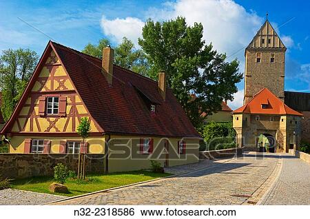 Stock Photograph - Dinkelsbuhl, Rothenburg Gate, Romantic Road, Romantische Strasse, Dinkelsbfhl, Middle Franconia, Bavaria, Germany.. Fotosearch