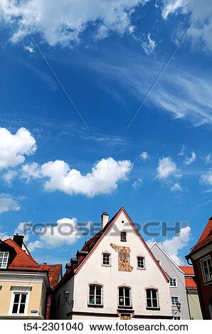 Stock Image - Historic houses on the Horse Market in Memmingen, Germany. Fotosearch