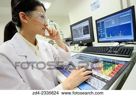 Picture - Researcher. SEM. Scanning Electronic Microscope. Technological Services to Industry. Tecnalia Research & Innovation, Donostia, San Sebastian, Gipuzkoa, Basque Country, Spain.. Fotosearch