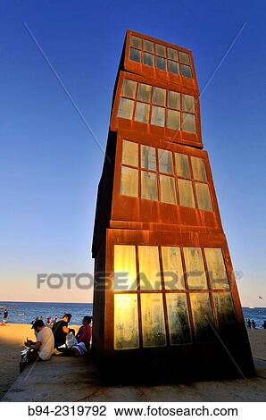 Stock Image - Sculpture L? estel ferit" ( The wounded star ) by Rebecca Horn at Barceloneta beach, 1992. Barcelona, Catalonia, Spain. ". Fotosearch