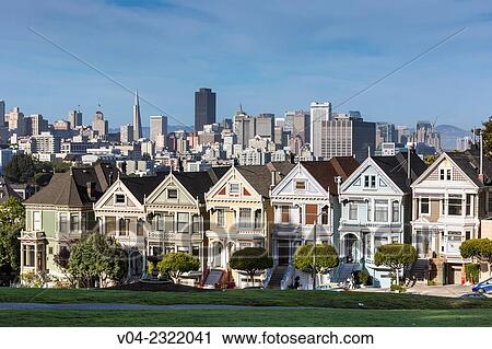 Stock Image - Skyline of San Francisco with the famous houses? Painted Ladies? in the foreground, California, USA. Fotosearch