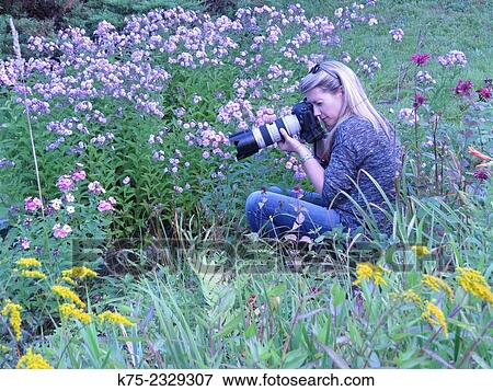 woman shooting photos in a field of flowers View Large Photo Image Stock Photo - woman shooting photos in a field of flowers. Fotosearch