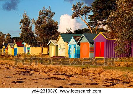 Stock Image - Boat Sheds in Rosebud, Mornington Peninsula, West Cost, Victoria, Australia.. Fotosearch