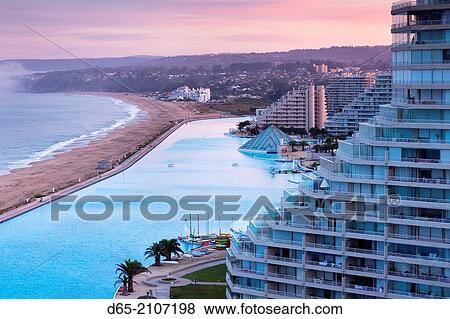 Stock Photo - Chile, Algarrobo, San Alfonso del Mar, World's largest man-made pool, elevated view, dawn.. Fotosearch