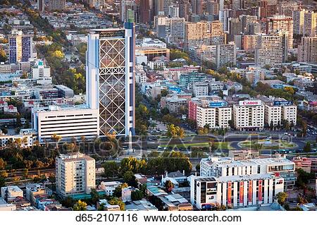 Chile, Santiago, elevated view of Plaza Baquedano and the Telefonica Tower from the Cerro San Cristobal hill, dusk. View Large Photo Image Stock Photograph - Chile, Santiago, elevated view of Plaza Baquedano and the Telefonica Tower from the Cerro San Cristobal hill, dusk.. Fotosearch