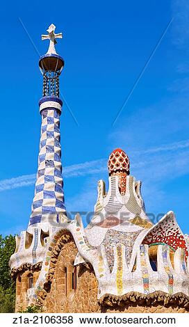 Stock Photo - Detail of the porter's lodge pavilions at the Parc Guell, by Antoni Gaudi. Barcelona. Catalonia. Spain.. Fotosearch